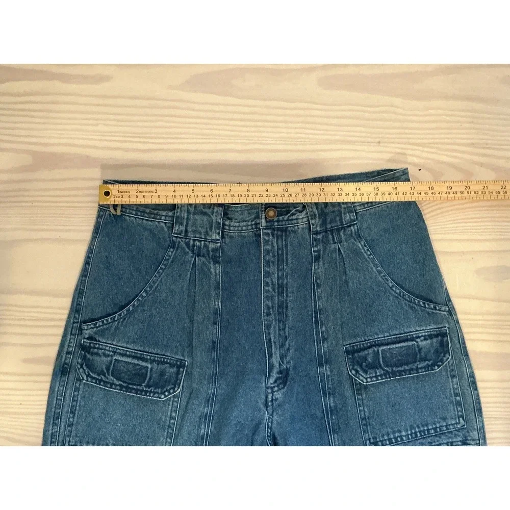 RW Rugged Vintage Mens Blue Denim Cargo Pants Pleated Relaxed Fit 36x32 Utility